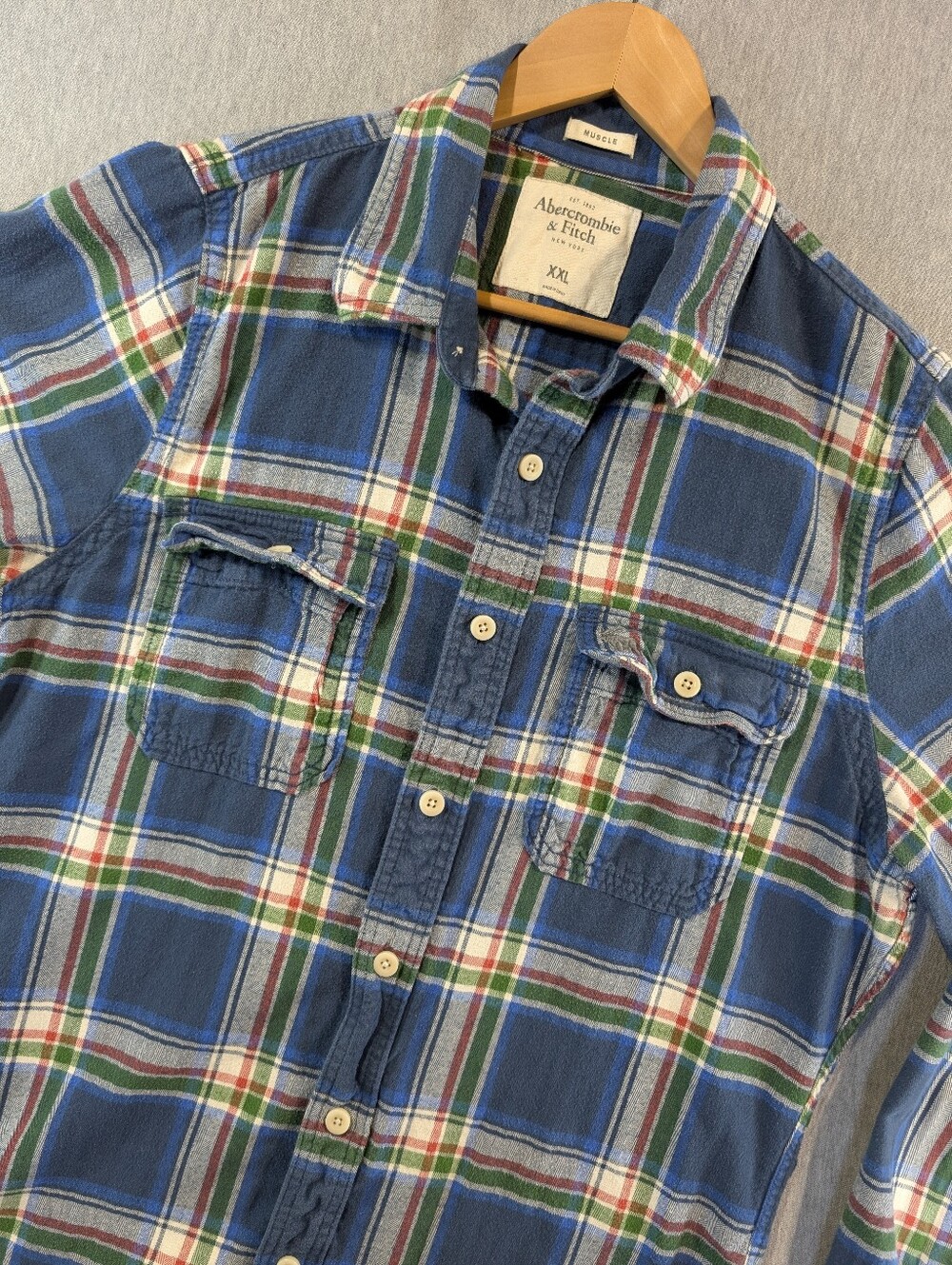 Abercrombie & Fitch Muscle Flannel Plaid Shirt Men's XXL Button Blue Red Green